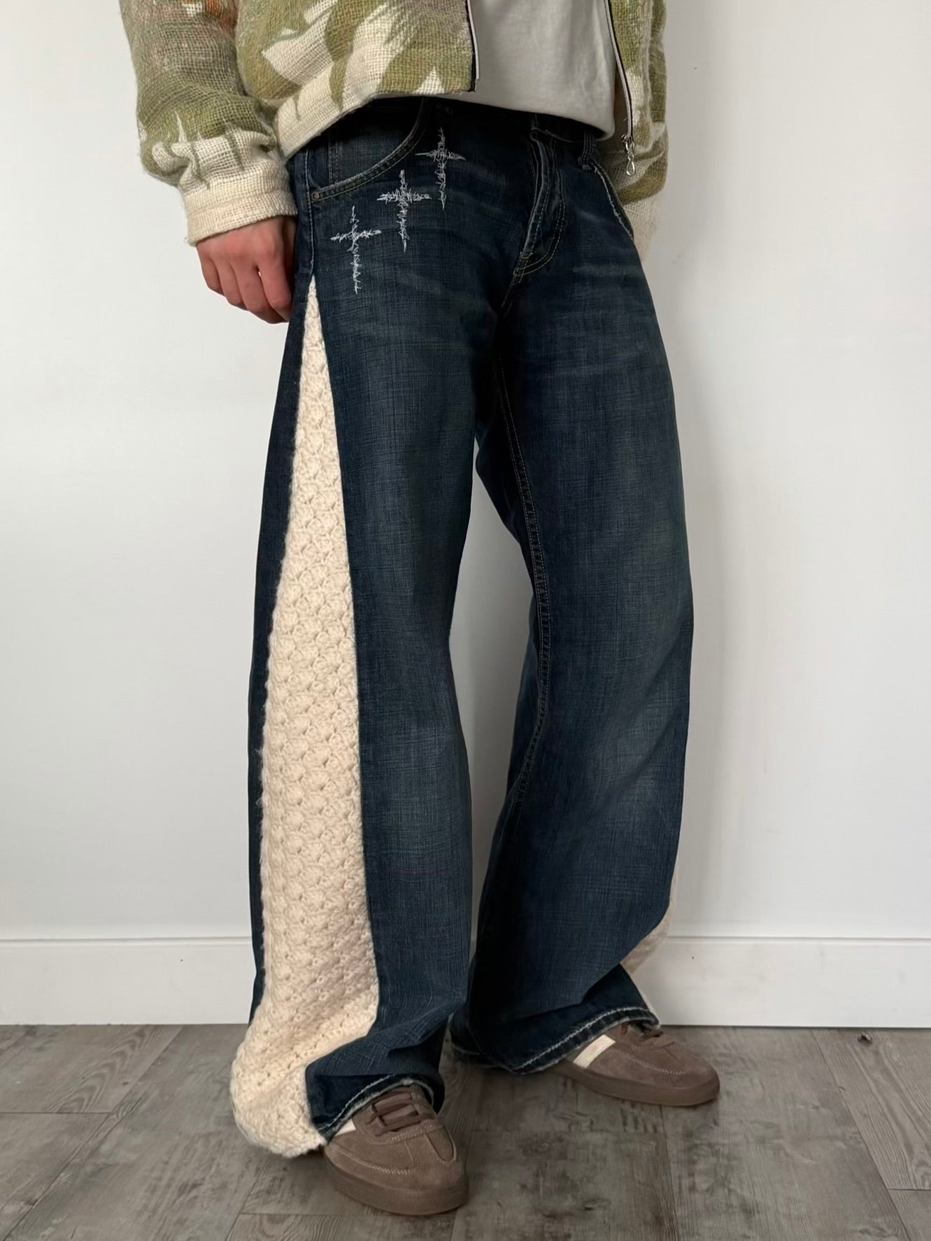 crochet triple cross embroidered denim