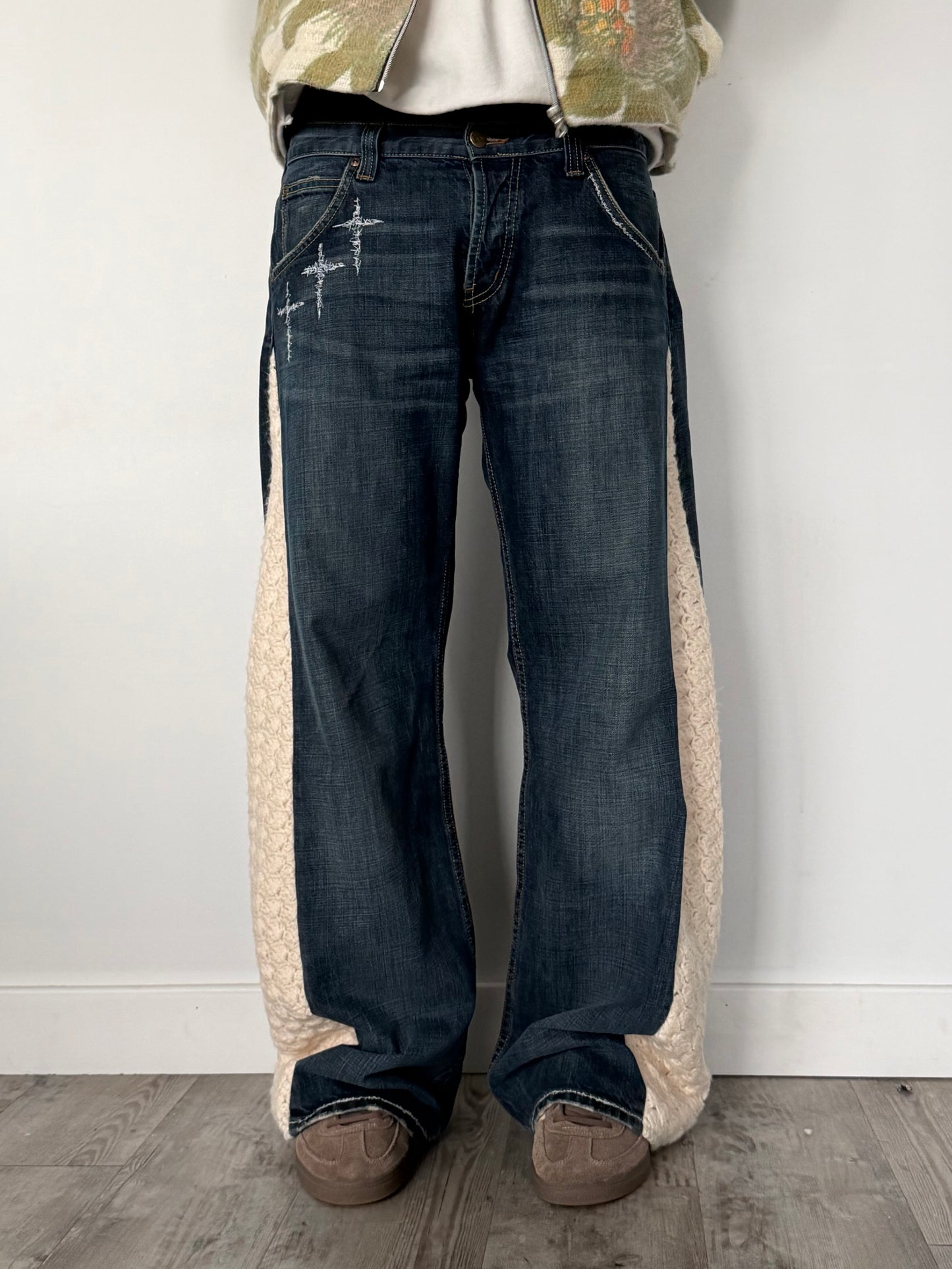 crochet triple cross embroidered denim