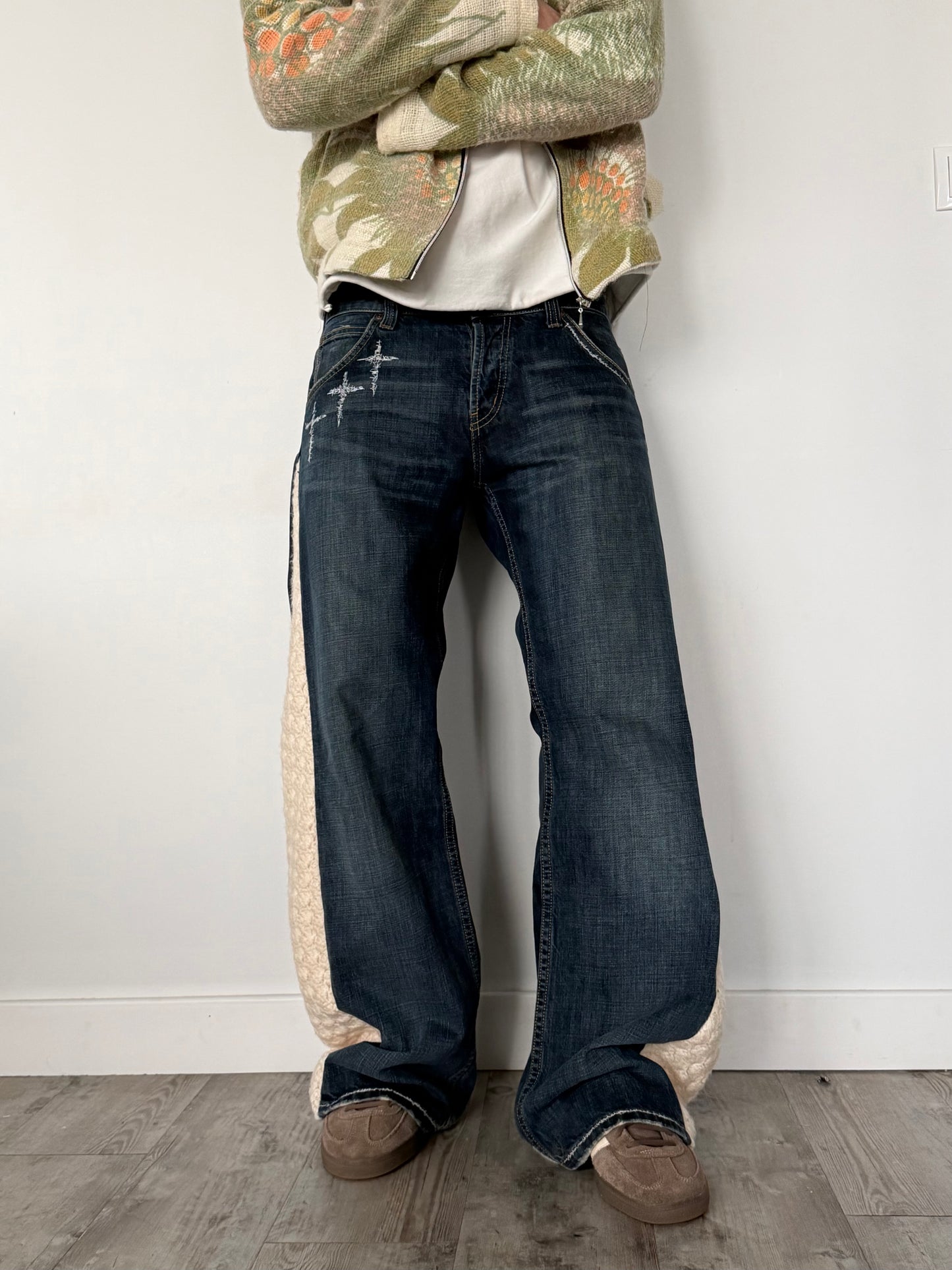crochet triple cross embroidered denim