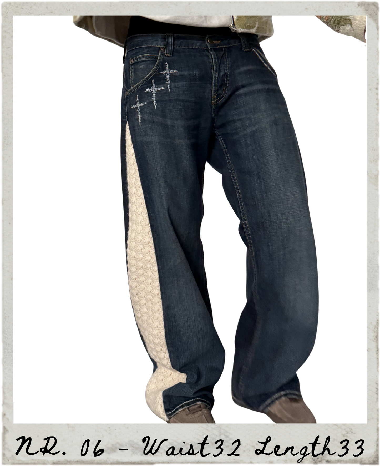 crochet triple cross embroidered denim