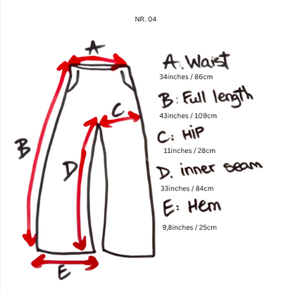 Viteo Studio Curtain Flared Denim Jeans NR.04  measurement diagram: Waist 34in/86cm, Full length 43in/109cm, Hip 11in/28cm, Inner seam 33in/84cm, Hem 9.8in/25cm
