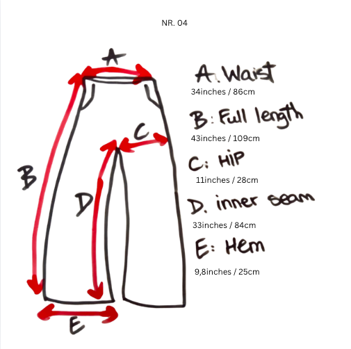 Viteo Studio Curtain Flared Denim Jeans NR.04  measurement diagram: Waist 34in/86cm, Full length 43in/109cm, Hip 11in/28cm, Inner seam 33in/84cm, Hem 9.8in/25cm
