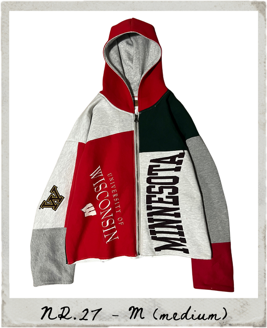 Viteo Studio Vintage College Puzzle Hoodie NR.27  flat lay front showing patchworked zip hoodie from University of Wisconsin and Minnesota panels, red grey and green colourblocked, Size M
